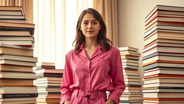 Woman reads 120 books in a year, standing proudly beside tall stacks of books.