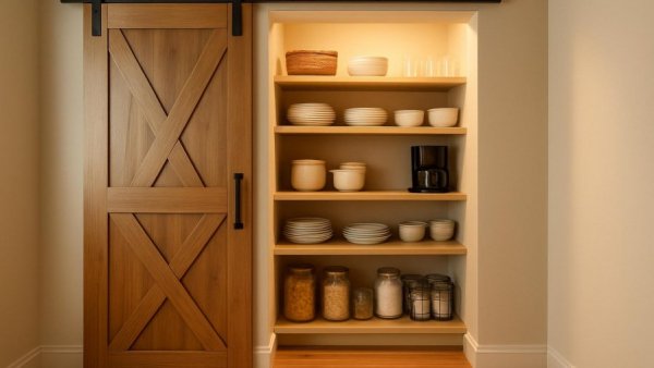 Transitional kitchen pantry with barn door showcasing design trends.