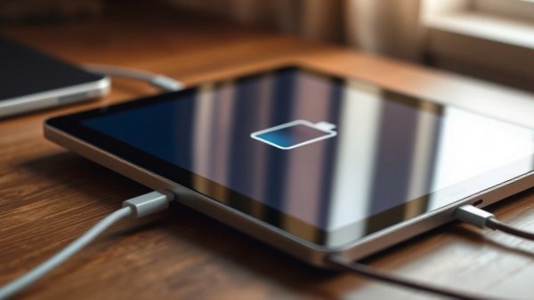 Tablet on desk charging, showing battery icon for tablet longevity.