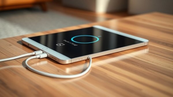 Tablet on wooden surface showing best charging practices for tablets.