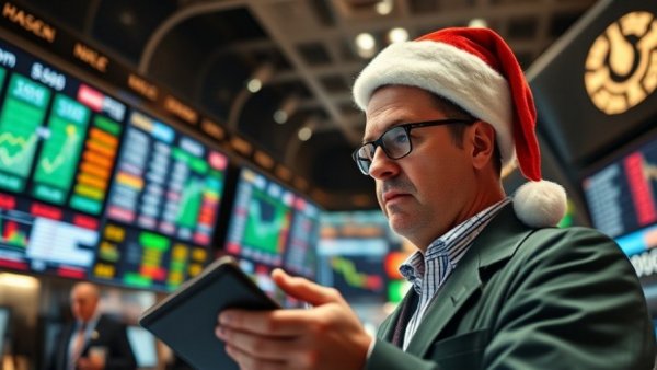 Festive stockbroker in Santa hat analyzing market data at stock exchange, illustrating business growth capital trends.