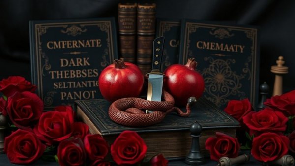 Dark romance books 2025 covers with pomegranate and knife.
