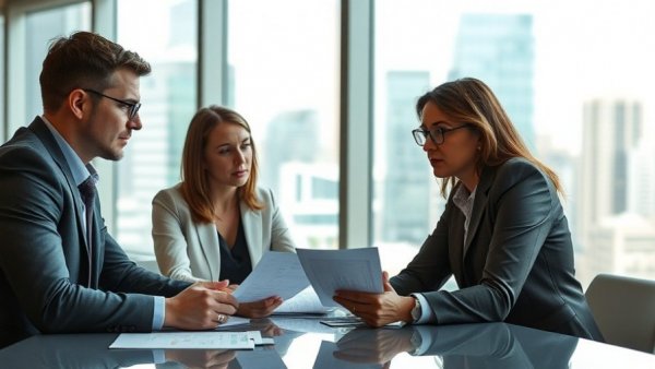 Concerned professionals discussing job insecurity in an office meeting.