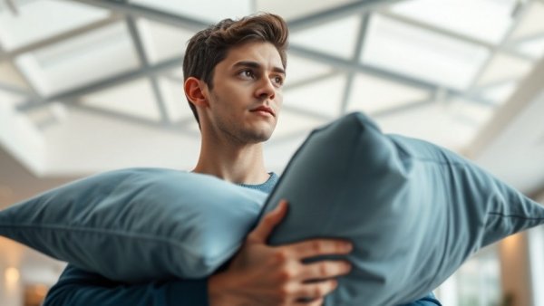 Young man contemplating with smart pillows in modern room.