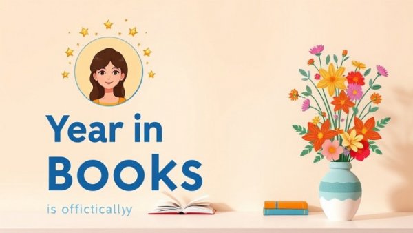 Promotional banner for Goodreads Year in Books 2025 with book covers and flowers.