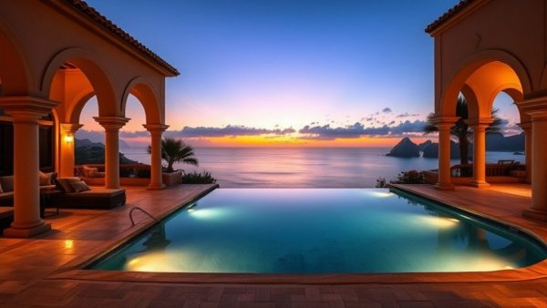 Casa Adriana Cabo San Lucas luxury villa with infinity pool at sunset.