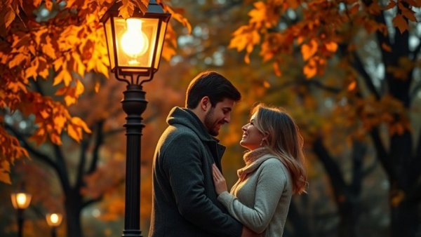 Clean romance couple under streetlamp in autumn.
