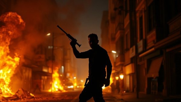 Axel Monk in fiery urban chaos, Last Rite thriller scene