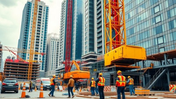 Crane rental solutions at bustling construction site with workers