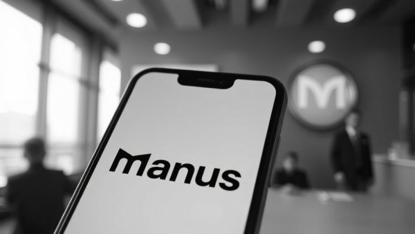 Smartphone displaying Manus logo, Meta logo blurred in background, AI acquisition for business growth capital.