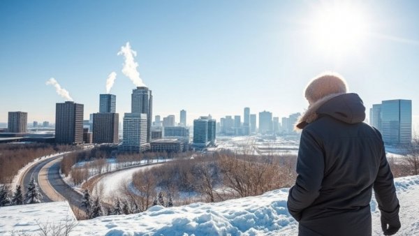 Person views Calgary skyline in winter, symbolizing housing market.
