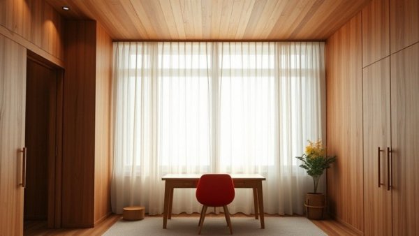 Warm minimalist interior design with natural wood and soft lighting, 2026 interior design trends.