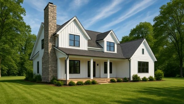 Modern farmhouse design with stone chimney in lush landscape.