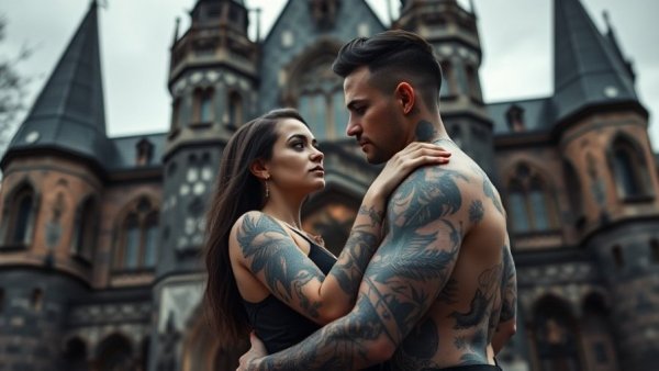 Dark motorcycle club romance between tattooed couple near castle.