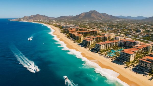 2026 Los Cabos Hotel Zones aerial view with vibrant beach and coastline.