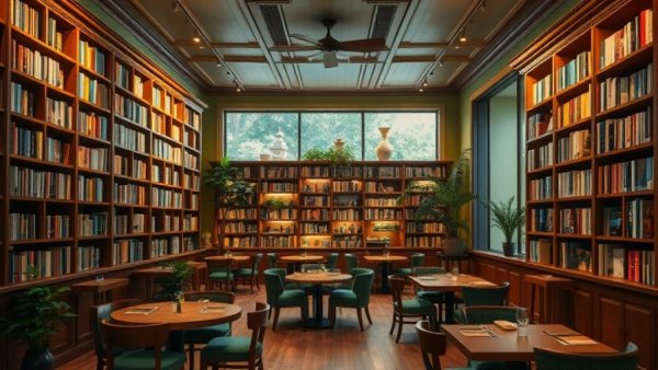 Cozy cafe setting with bookshelves in a tranquil environment.