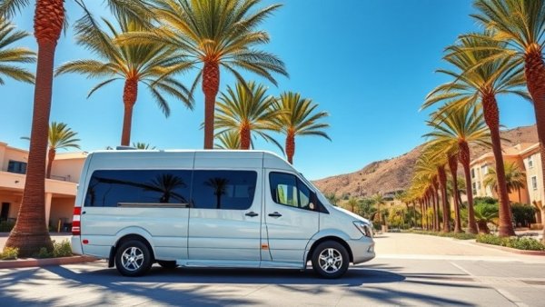 Los Cabos event transfer van parked in a scenic resort setting.