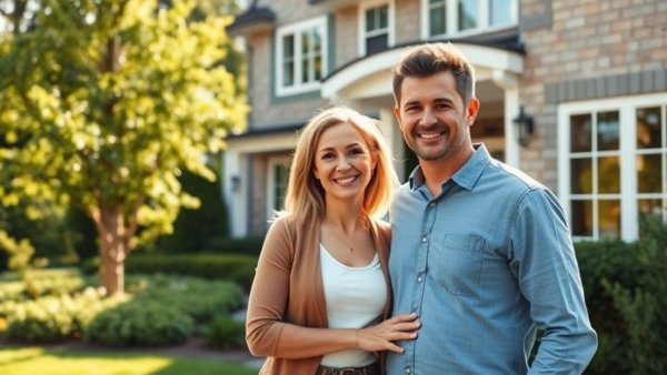 Happy couple in front of a custom-built home in St. Louis, Missouri, smiling.