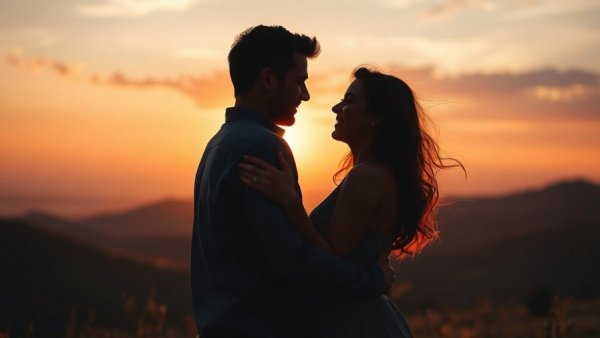 Silhouette couple embracing in clean romance scene