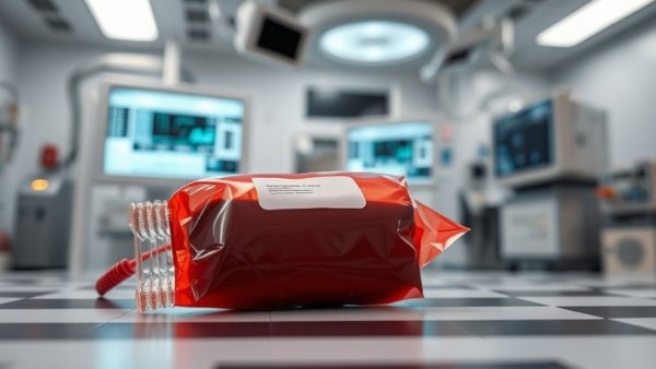 Close-up of blood bag in mobile blood transfusion program.
