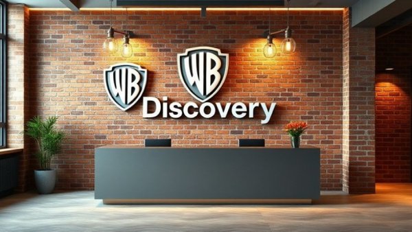 Warner Bros Discovery logo at modern office reception area