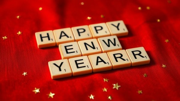 Festive New Year Scrabble tiles on red background with stars.
