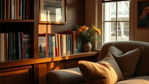 Cozy nook with Fredrik Backman books on a shelf