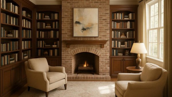 Transitional home office design with bookshelves and fireplace.
