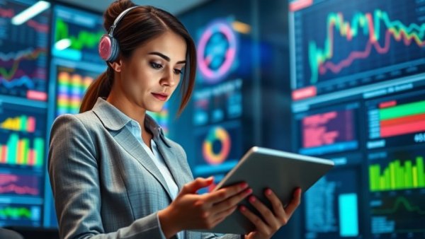 Professional woman analyzing strategic media data on screens