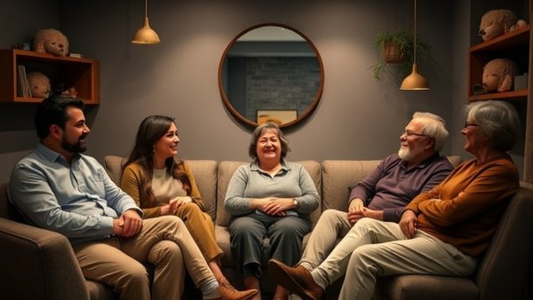 Friendly group in a cozy room with wigs, people-first HVAC company.