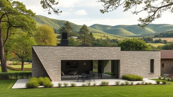 Modern minimalist house in serene countryside, beauty found in simplicity.