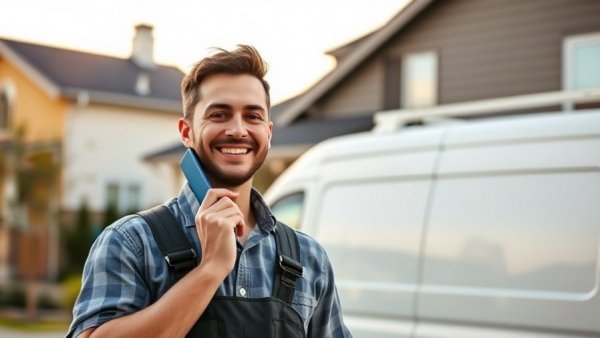 Home service contractor smiling and using phone with van in background, highlighting AI customer service for contractors.