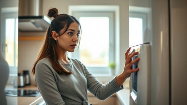 Young woman inspects boiler in modern kitchen, demonstrating modern boilers still fail.