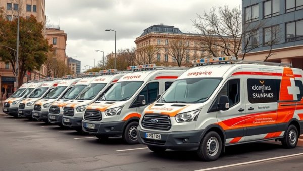 Service vans lined up, highlighting HVAC system replacement cost services, urban setting.