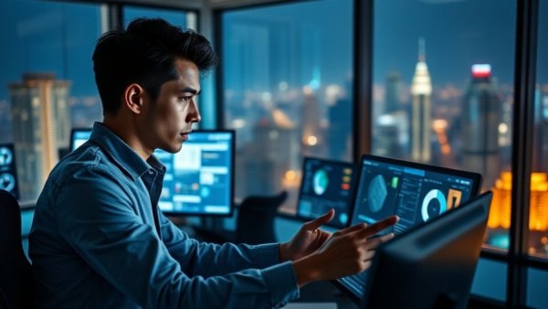 Professional managing media channels in modern office at night.