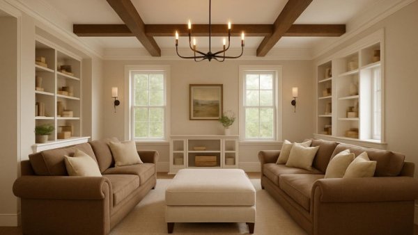 Cozy transitional living room remodel with sofas and ottoman.