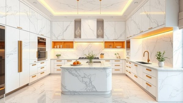 Luxurious marble kitchens with white cabinetry and gold accents.