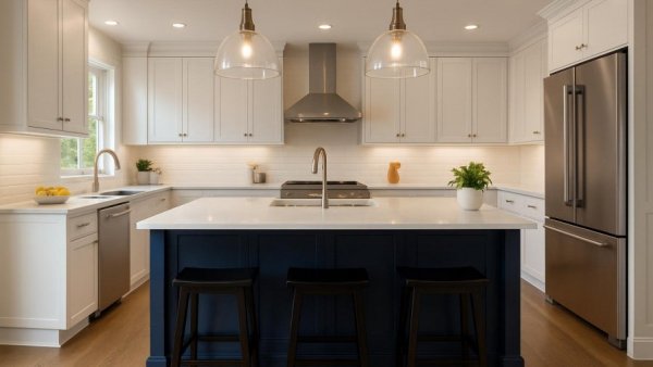 Elegant kitchen remodeling in Houston featuring modern white and navy design.