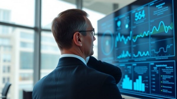 Businessman analyzing data-driven marketing on screen in office