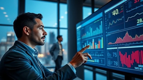 Businessman analyzing data-driven marketing strategy in modern office.