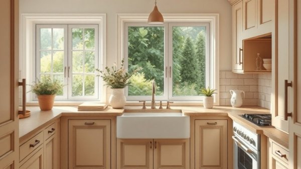 French country kitchen design with beige cabinets and farmhouse sink.