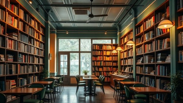 Cozy cafe interior with books, blue-green gradient.