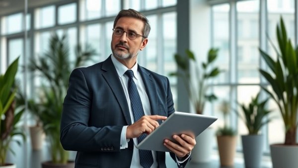 Businessman contemplating media channel ownership in office.
