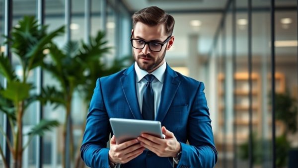 Professional man holding tablet in modern office discussing media channel ownership.