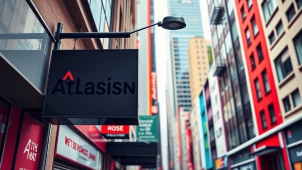 Colorful urban scene featuring Atlassian logo for stock analysis context.