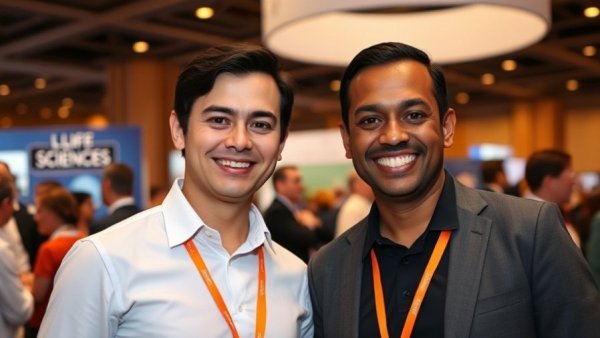 Conference attendees with branded backdrop at life sciences event.
