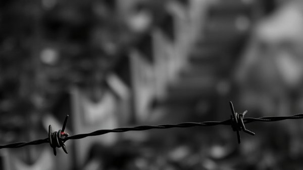 Historical fiction mystery book cover with red text and barbed wire.