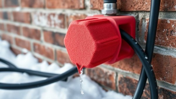 Frost King Foam Faucet Cover on brick wall in snow.