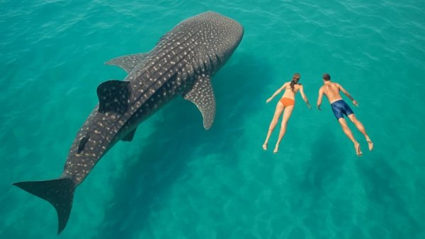 Aerial view of whale shark swimming near swimmers in La Paz.