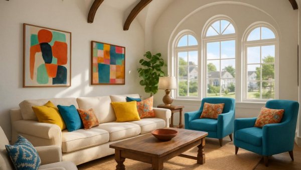 Cape Dutch Modern Eclectic Style living room with vibrant decor and natural light.